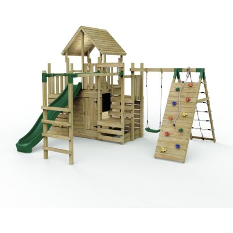 Wooden Climbing Frame with Swing, Den, Climbing Wall, Monkey Bars and Slide