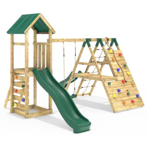 Wooden Climbing Frame with Swings, Climbing Walls and Slide - Alverstone Green