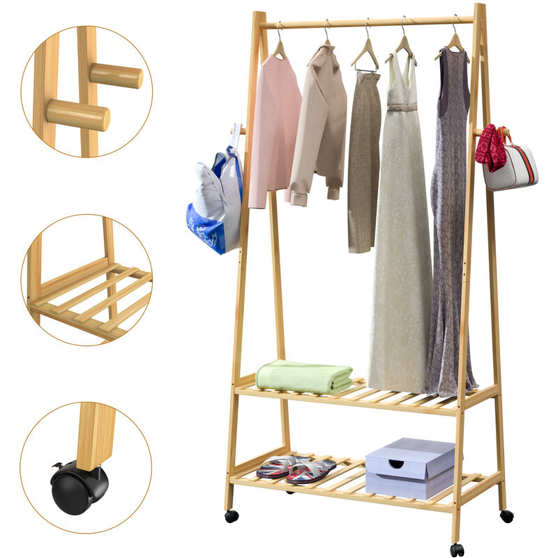 Wooden Clothes Rack with Castors Bamboo Stand 152x70x43 cm 4 Hooks 2 Shoe Storage Shelves Clothing Free Standing
