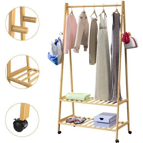 main image of "Wooden Clothes Rack with Castors Bamboo Stand 152x70x43 cm 4 Hooks 2 Shoe Storage Shelves Clothing Free Standing"
