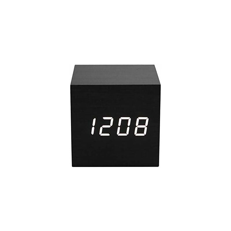 Héloise - Wooden Cube Digital led Alarm Clock,Square Cube Digital White led Alarm Clock Date with Time and Temperature Display (USB/Batteries),Black