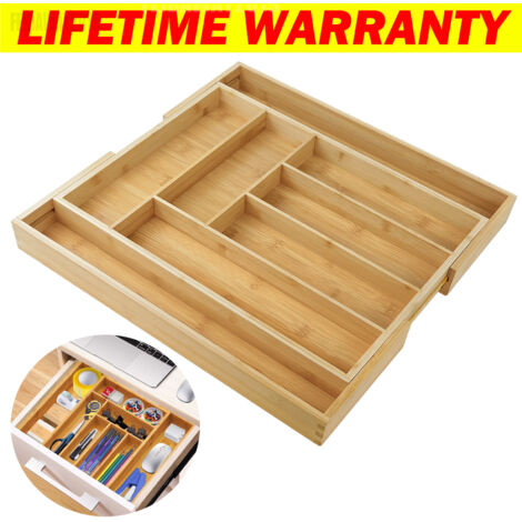Wooden Cutlery Tray Compartments Kitchen Drawer Organiser Utensil Storage Box