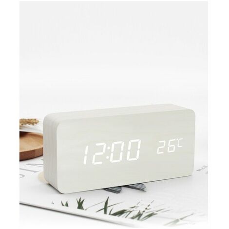 Wooden Digital Alarm Clock Wireless Charging Volume Wooden LED Clock (White)