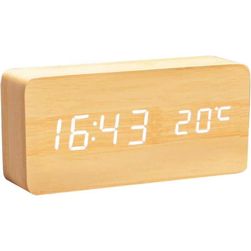Wooden Digital Clock - Multifunction LED Alarm Clock with Time / Date / Temperature Display and Voice Control for Home Travel - AC11Yellow_White