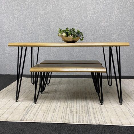Wooden Dining Table and 2 Benches Set With Metal Hairpin Legs for Dining Room, Work, or Study