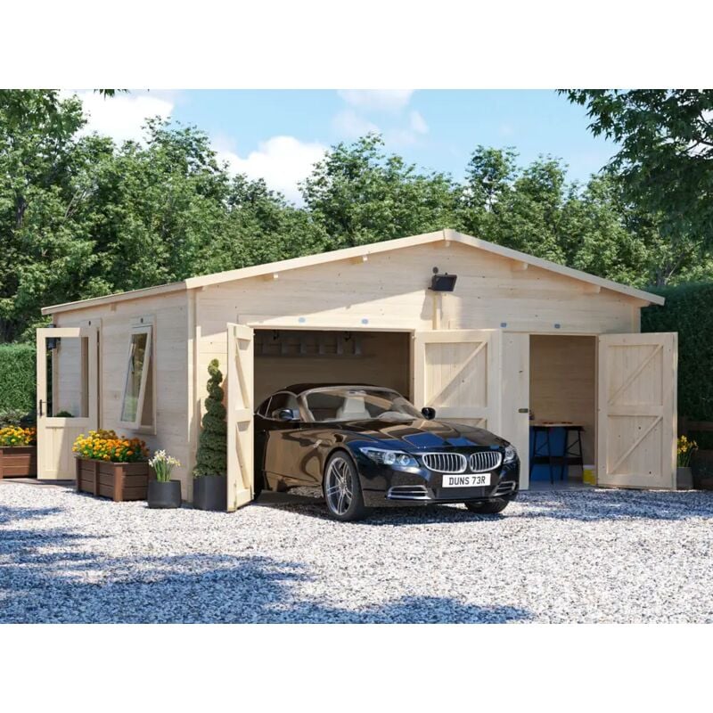 Wooden Double Garage Deore 6m x 5.5m - Garden Drive Car Storage Tool Shed Workshop Log Cabin Roof Felt