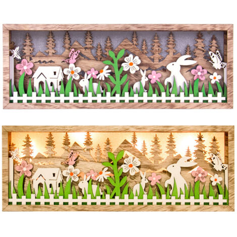 Wooden Easter Hollow Rabbit Model Crafts Ornaments with Luminous LED Lamp Holiday Desktop Home Decoration