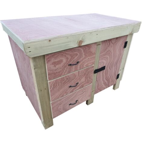 Wooden Eucalyptus hardwood top workbench, cabinet with lockable cupboard (V3) (H-90cm, D-70cm, L-150cm)