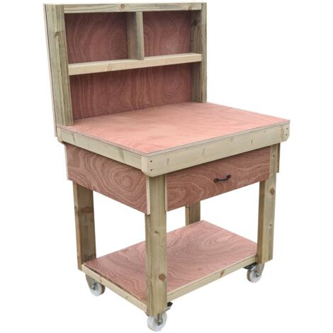 Wooden Eucalyptus hardwood top workbench, tool cabinet with drawer (V.1) (H-90cm, D-70cm, L-90cm) with back and wheels