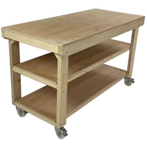 Wooden Eucalyptus PLY Top Workbench, 4ft (120cm) With wheels and Double shelf