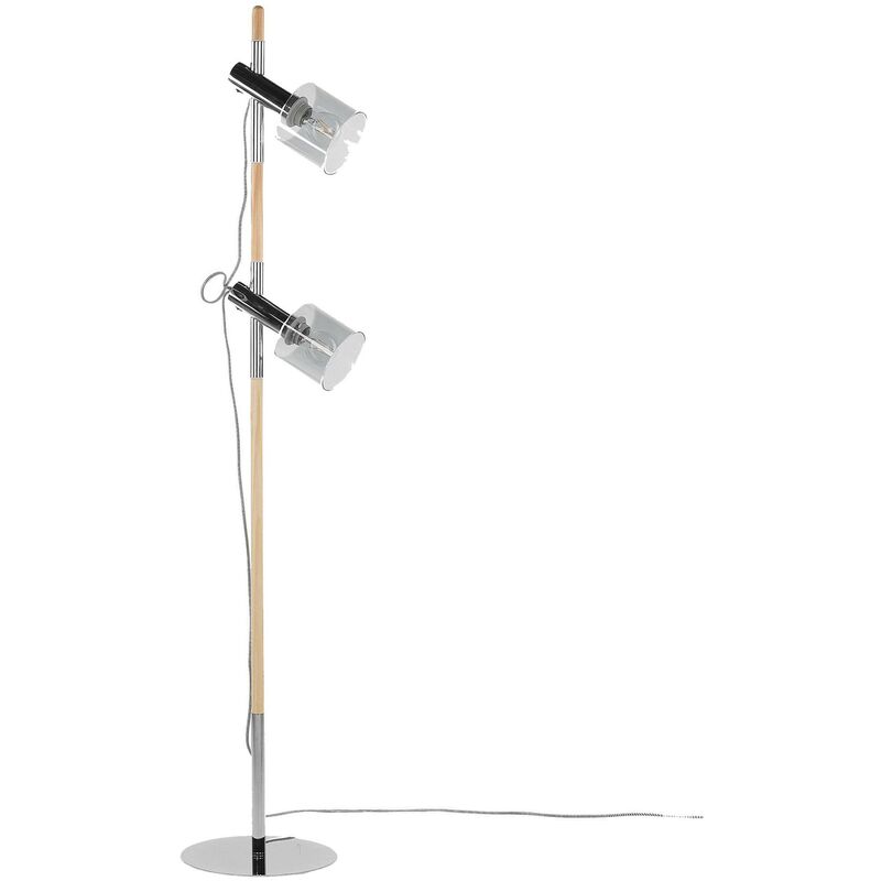 Modern Adjustable Floor Lamp Round Drum Shade Light Wood with Glass Owens