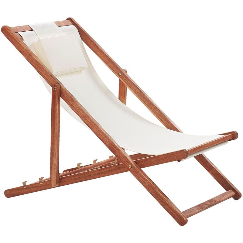 Wooden Deck Chair Reclining Sun Lounger Plush Head Cushion Off-White Avellino