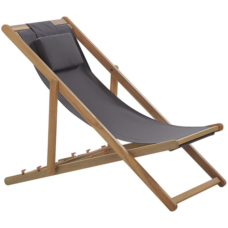 Folding Wooden Deck Chair Reclining Sun Lounger Plush Head Cushion Grey Avellino