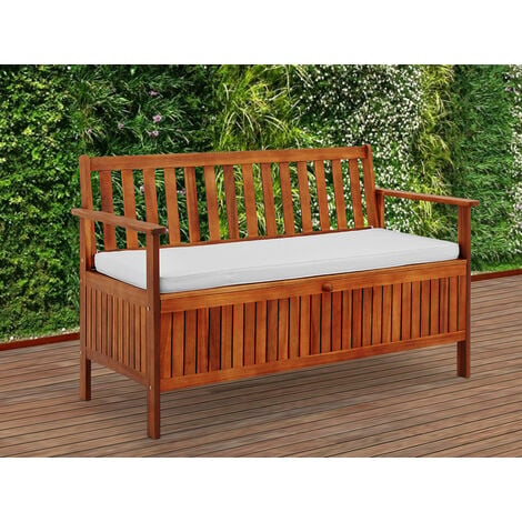 Wooden Garden Bench 2 Seater Built-in Storage Chest Acacia Hardwood Water Repellent Cushion Outdoor Patio Terrace Balcony Brown