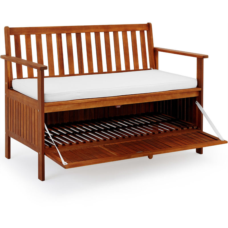 Wooden Garden Bench With Cushion Storage Compartment 2 Seater 120 X 59 X 90 Cm