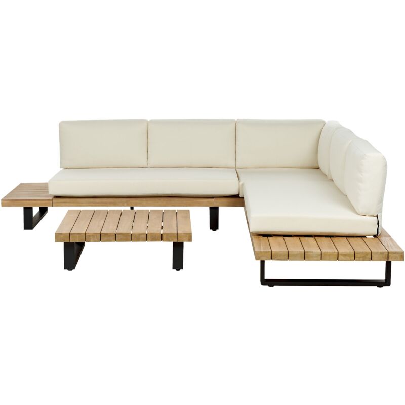 Beliani Garden Corner Sofa With Table 5 Seater Mykonos Right Hand Certified Acacia Wood Off-white