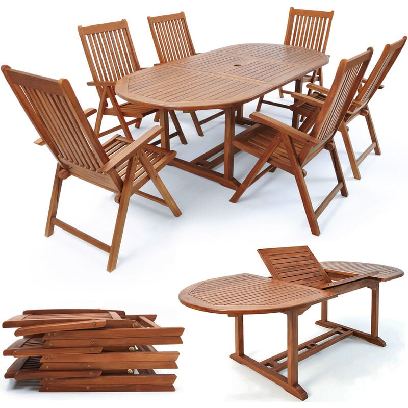 Deuba - Wooden Garden Dining Table and Chairs Set FSC® certified Eucalyptus Wood Outdoor Patio Conservatory Oval Furniture 6 Seater
