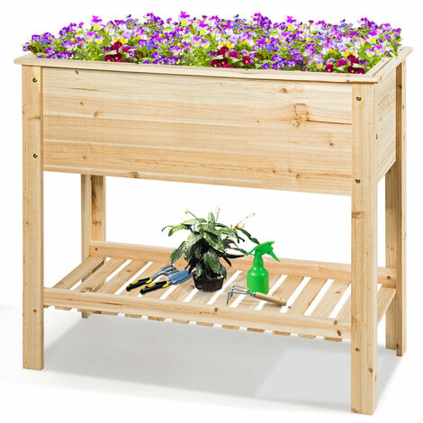 Wooden Raised Garden Bed Elevated Planter Stand Herb Flower Holder Box W/Storage
