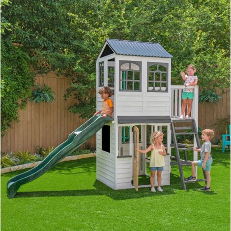 Wooden Garden Playhouse Large Slide Climbing Poles Kids Wendy Tree Play House