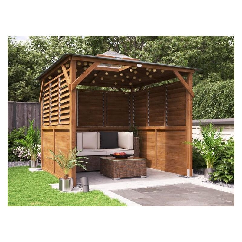 Wooden Gazebo Erin W2.5m x D2.5m - Half Height Solid Wall Half Louvre Garden Shelter Pressure Treated Hot Tub Pavilion with Roof Felt