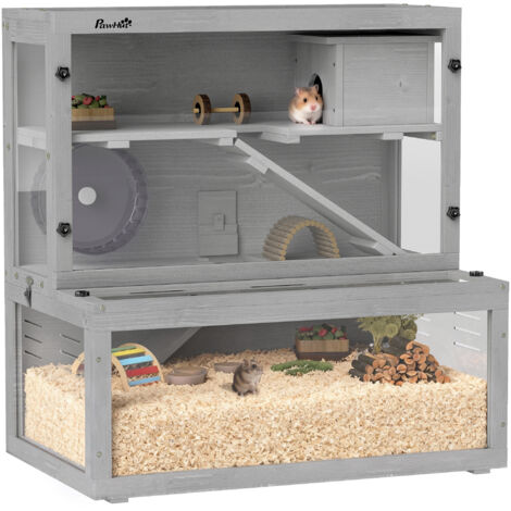 Wooden Hamster Cage with Hut, Wheel, Ramps, Removable Viewing Panels, 80 x 50 x 84 cm, Grey