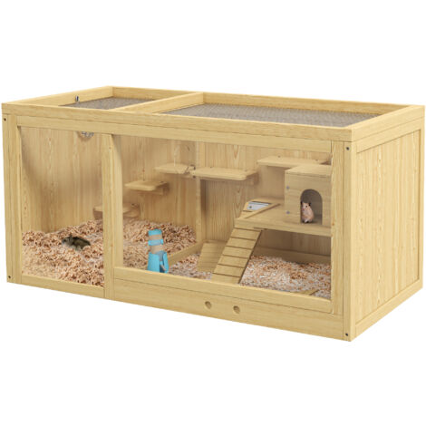 Wooden Hamster Cage with Water Bottle, Platforms, Openable Roof, Sliding Tray, Hut, Seesaws, Natural Wood Finish
