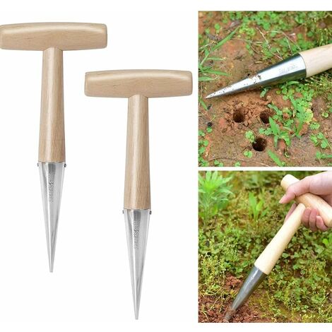 Wooden Handle Plant Seed Cultivation Hole Punch, 2Pcs Stainless Steel Hole Punch Migration Tools Cultivation Loosen Soil Garden Accessory for Garden Planting