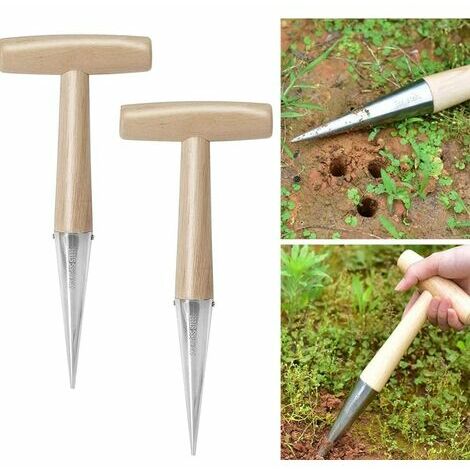 Wooden Handle Plant Seed Cultivation Hole Punch, 2Pcs Stainless Steel Hole Punch Migration Tools Cultivation Loosen Soil Garden Accessory for Garden Planting