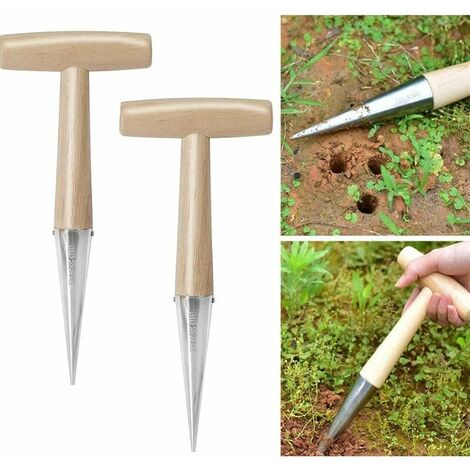 Wooden Handle Plant Seed Cultivation Hole Punch, 2Pcs Stainless Steel Hole Punch Migration Tools Cultivation Loosen Soil Garden Accessory For Garden Planting GDRHVFD
