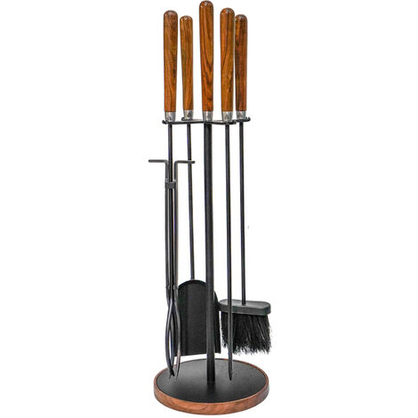 Wooden Handle Round Fireside Companion Set - Iron - L24 x W24 x H73 cm - Brown