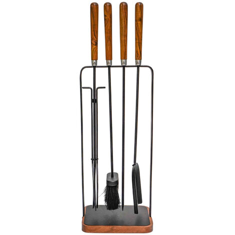 Wooden Handle Square Fireside Companion Set - Iron - L18 x W24 x H73 cm - Brown