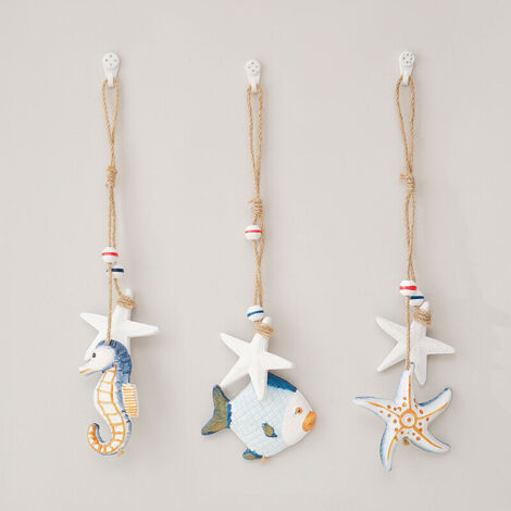 Wooden Hanging Decorations with Starfish, Fish - Decorative Seashells - Nautical Hanging Decorations for the Home