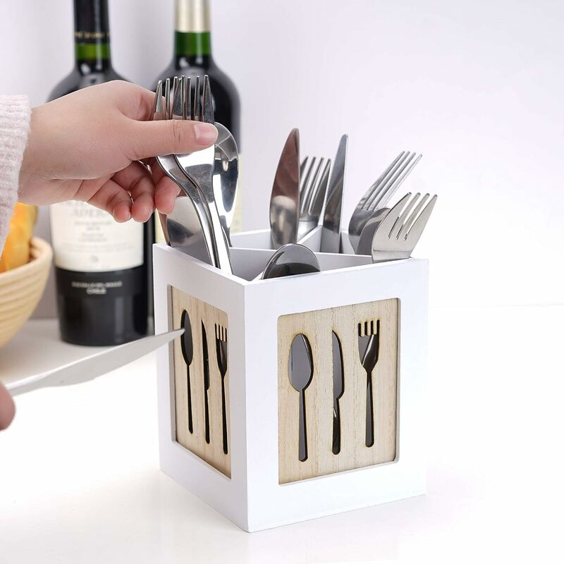 Image of Wooden Kitchen Utensils Holder Flatware Organizer 4 Compartments Cutlery Box Utensil Organizer for Silverware Cutlery Utensil Holder for Kitchen
