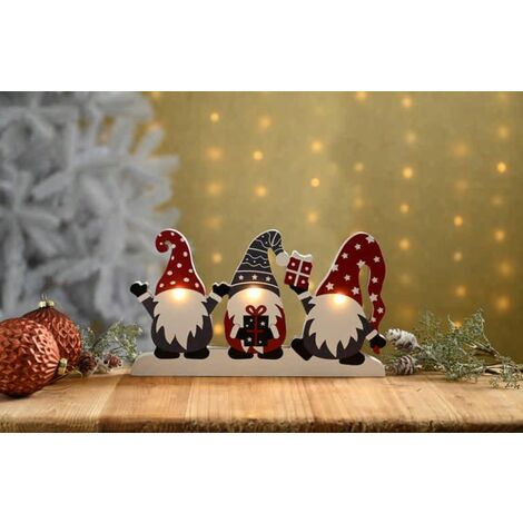 Wooden Light up Trio of Christmas Gonks Shelf Decoration - 28cm