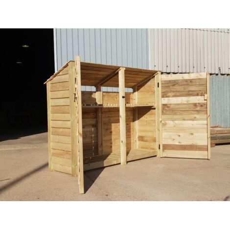 Wooden Log Store Reverse Roof, W227xH180cm (Light green, natural finish) With doors and With Kindling Shelf