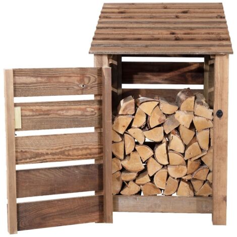 Wooden log store, Slatted timber storage with door (W-79cm, H-126cm, D-88cm) brown finish