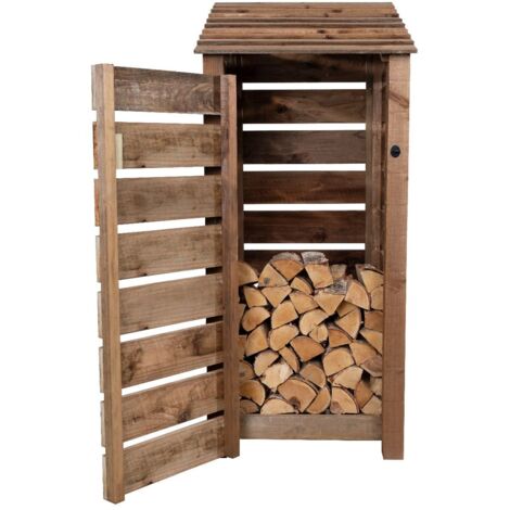 Wooden log store, Slatted timber storage with door (W-79cm, H-180cm, D-88cm) brown finish