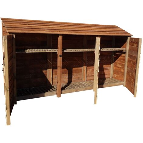 Wooden Log Store, W335xH180cm (Brown finish) With doors and With Kindling Shelf