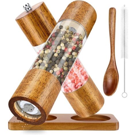 Wooden Manual Pepper Mill, Spice Mill with Adjustable Ceramic Grinder, Set of 2 Salt and Pepper Shakers - Kitchen Pepper Mill - Salt Mill, for Sea Salt, Chili, Pepper (8 Inches)