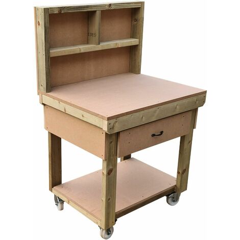 Wooden MDF Top Workbench With Drawers (V1), 3ft (90cm) With back panel, With wheels