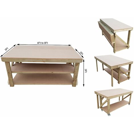 Wooden MDF Top Workbench With Extendable Working Surface, 4ft (120cm), Double shelf