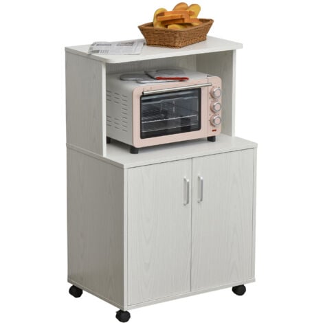 Wooden Microwave Cart on Wheels Modern Storage Shelf 2-door Cabinet Trolley White