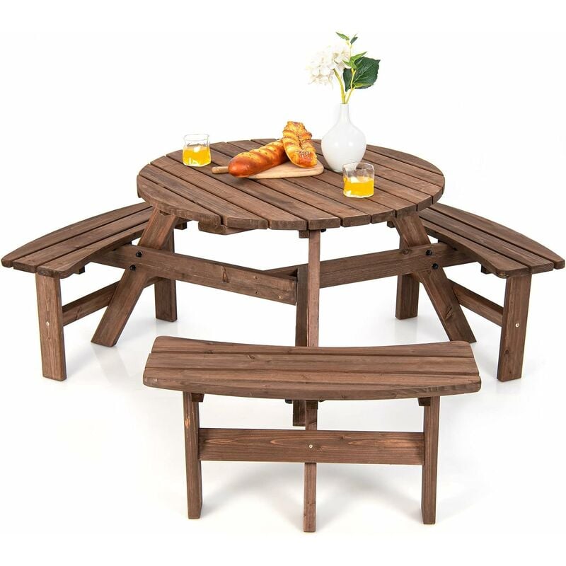 Wooden Picnic Table And Bench, Round Outdoor Dining Table Set With Built-In Benches And Umbrella Hole, Picnic Patio Garden Furniture (6 Seater,