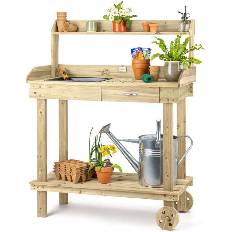 Potting Table With Wheels - Natural Wood