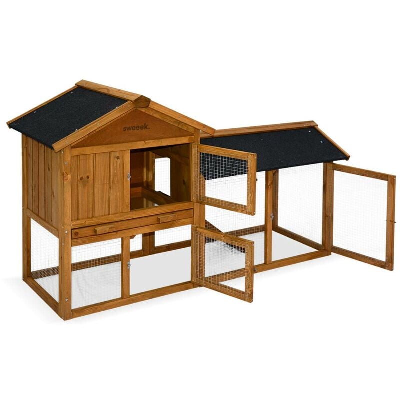 Sweeek - Wooden rabbit hutch with enclosure, L147xW52xH 85cm - Natural