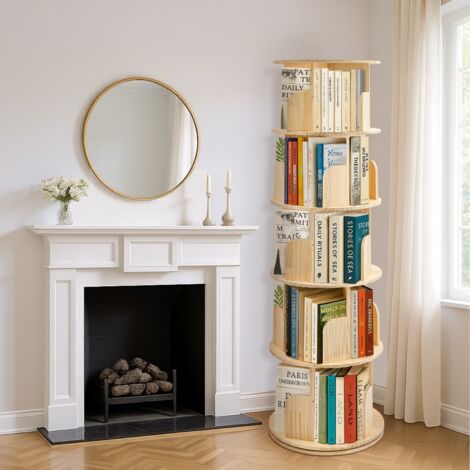 OTHERS Wooden Rotating Bookshelf 3-Tier Pine Storage Shelf Spinning Bookshelf Natural Wood Color, O-Shaped Ball Bearing, Mortise & Tenon + Screw Assembly, 97x46cm (3 Tier)