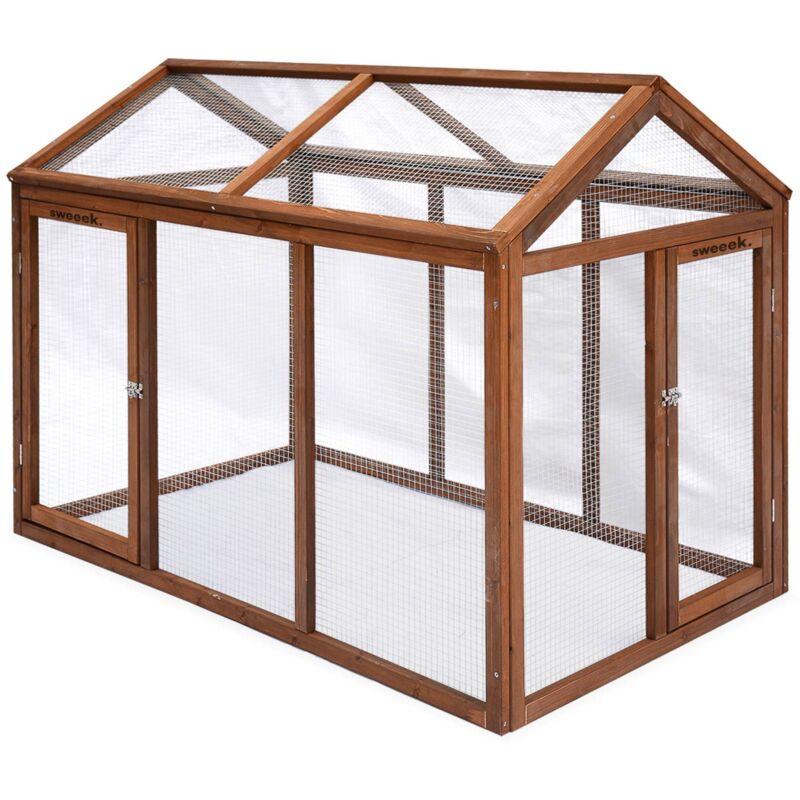 Sweeek - Wooden Chicken Run For 3 Chickens, Chabo, Natural, 140x85.5x106 Cm
