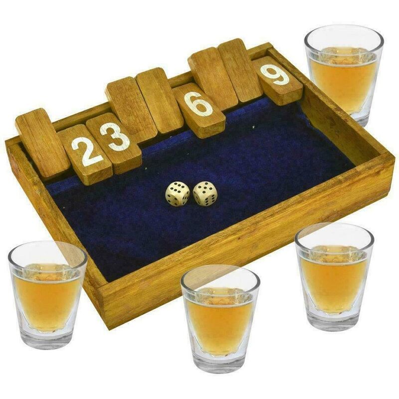 Wooden Shut The Box With Shot Glasses Game