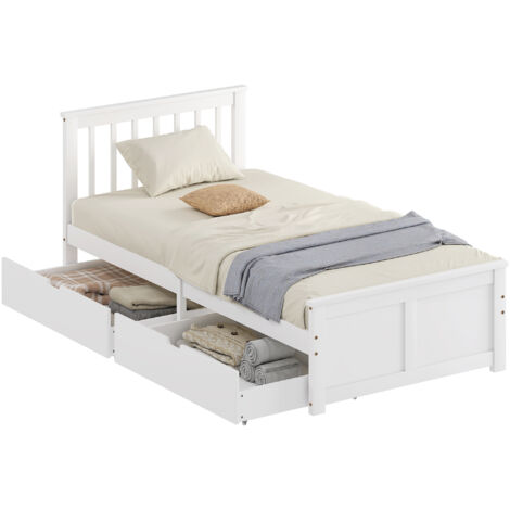 Wooden Single Bed Frame, with Drawers - White