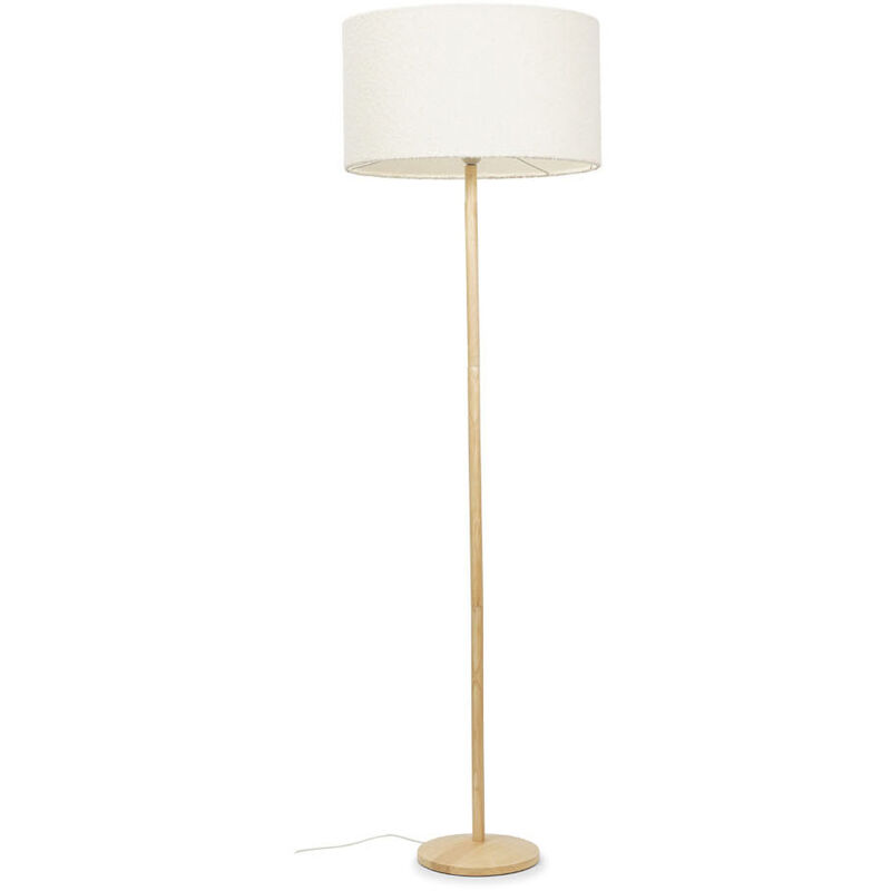 Wooden Stem Floor Lamp Natural Wood Living Room Light Boucle Lampshade - Cream + LED Bulb